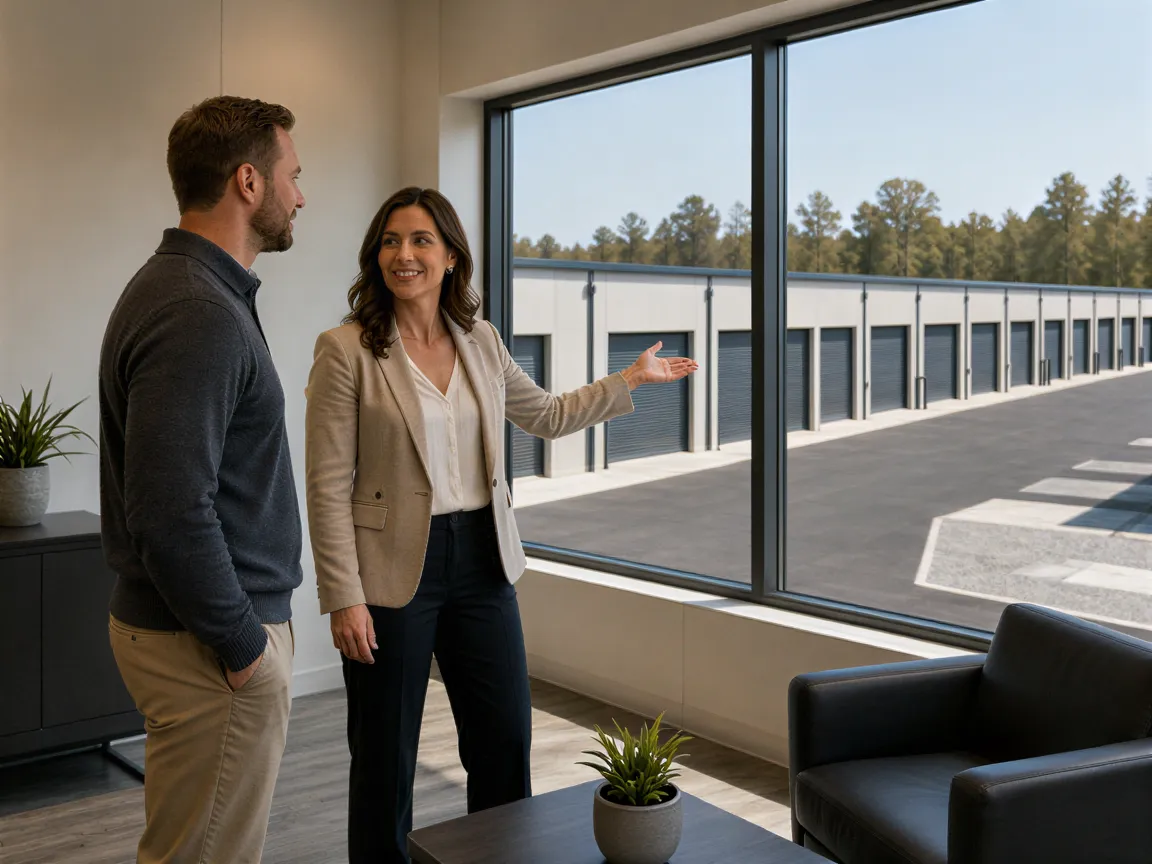 Eine Frau und ein Mann in Business-Kleidung besprechen Dienstleistungen vor dem Fenster eines modernen Lagergebäudes.