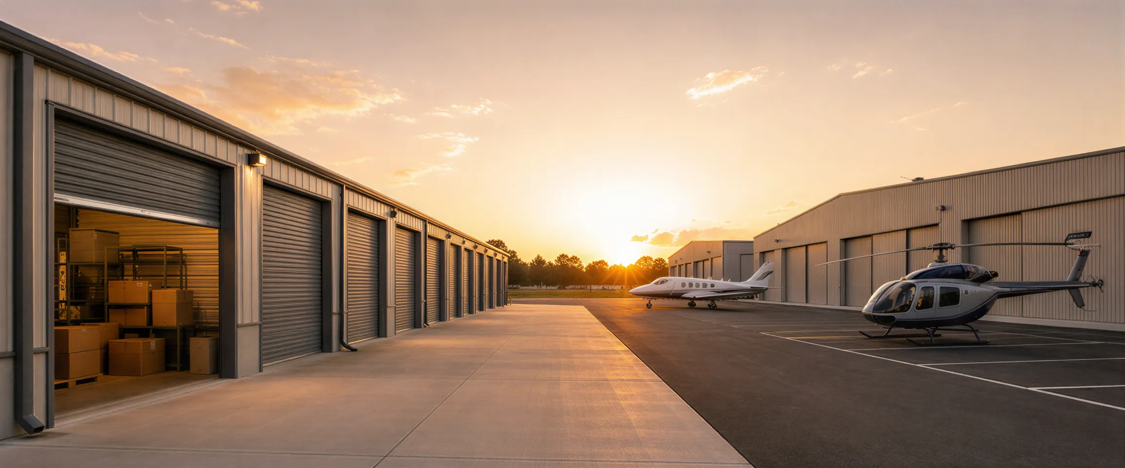 Ein modernes Lagerareal mit Garagenboxen, einem Flugzeug und einem Hubschrauber in der goldenen Abendsonne.