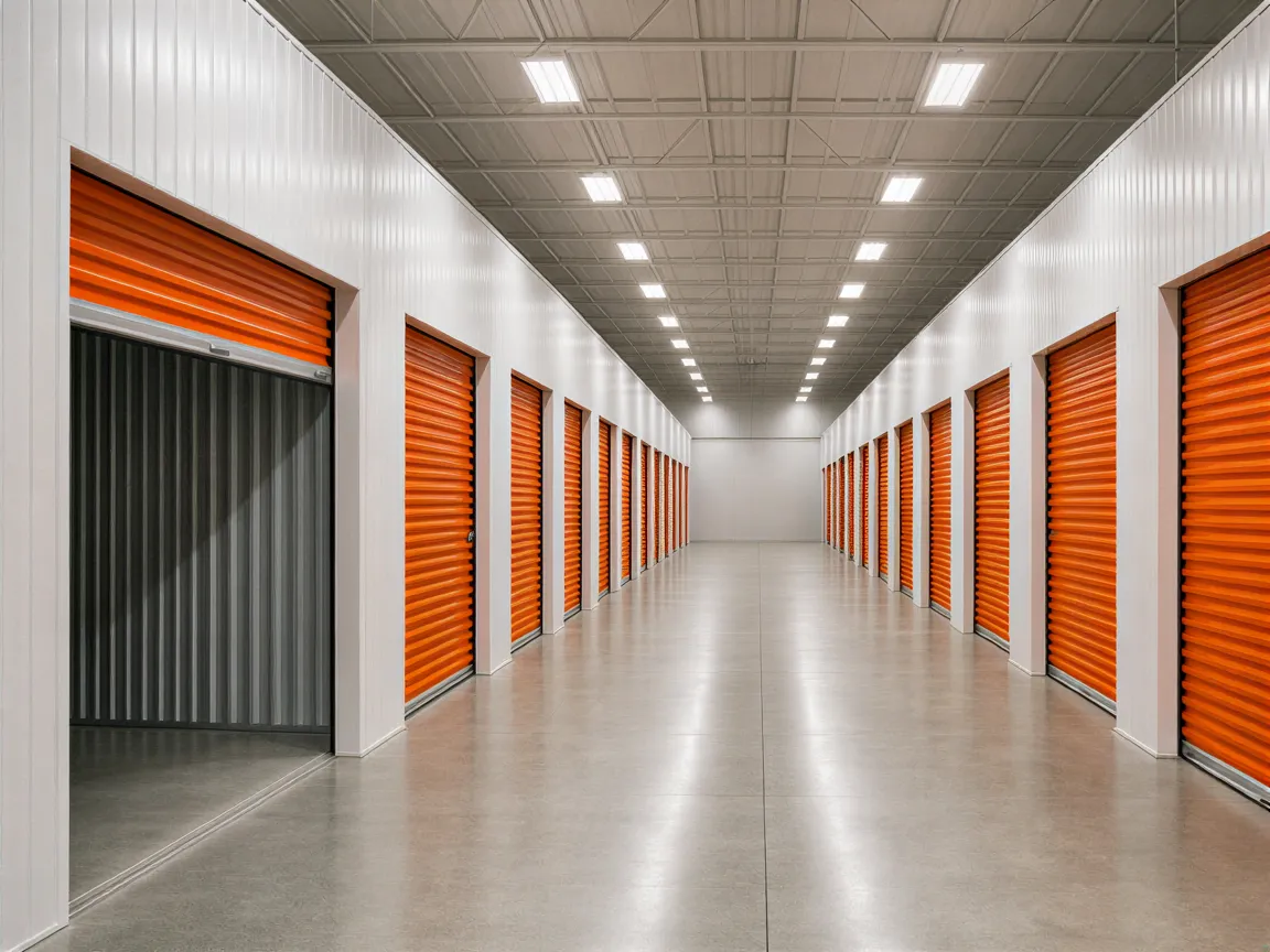 Ein großer, sauberer Lagerraum mit Reihen orangefarbener Rolltore und glatten Betonböden unter LED-Deckenbeleuchtung.