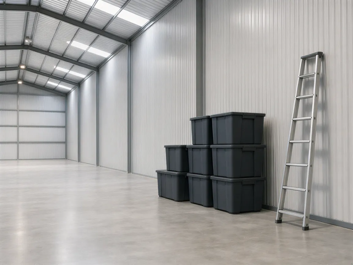 Ein sauberer, moderner Industrielagerraum mit leeren Kunststoffboxen und einer Leiter an der Wand.