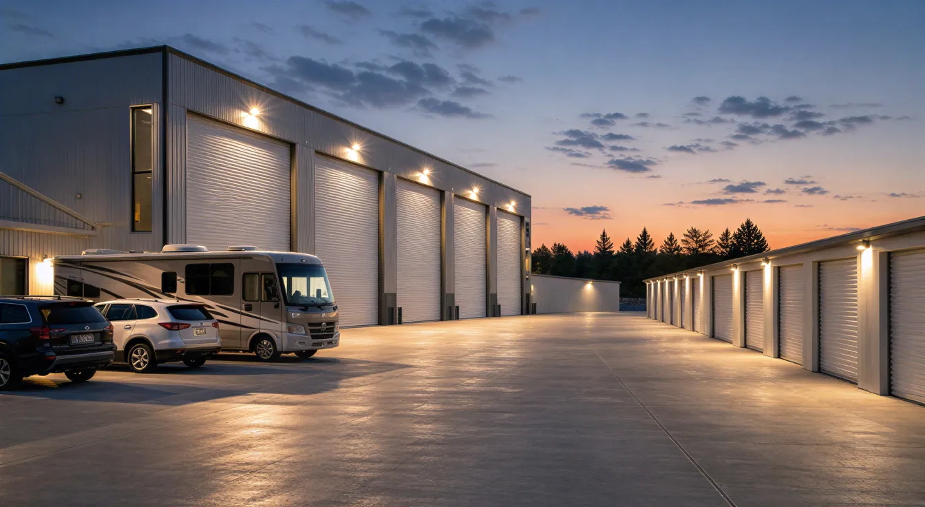 Ein modernes, sauberes Industrielager bei Dämmerung mit weißen Lagerhallen und geparkten Fahrzeugen.