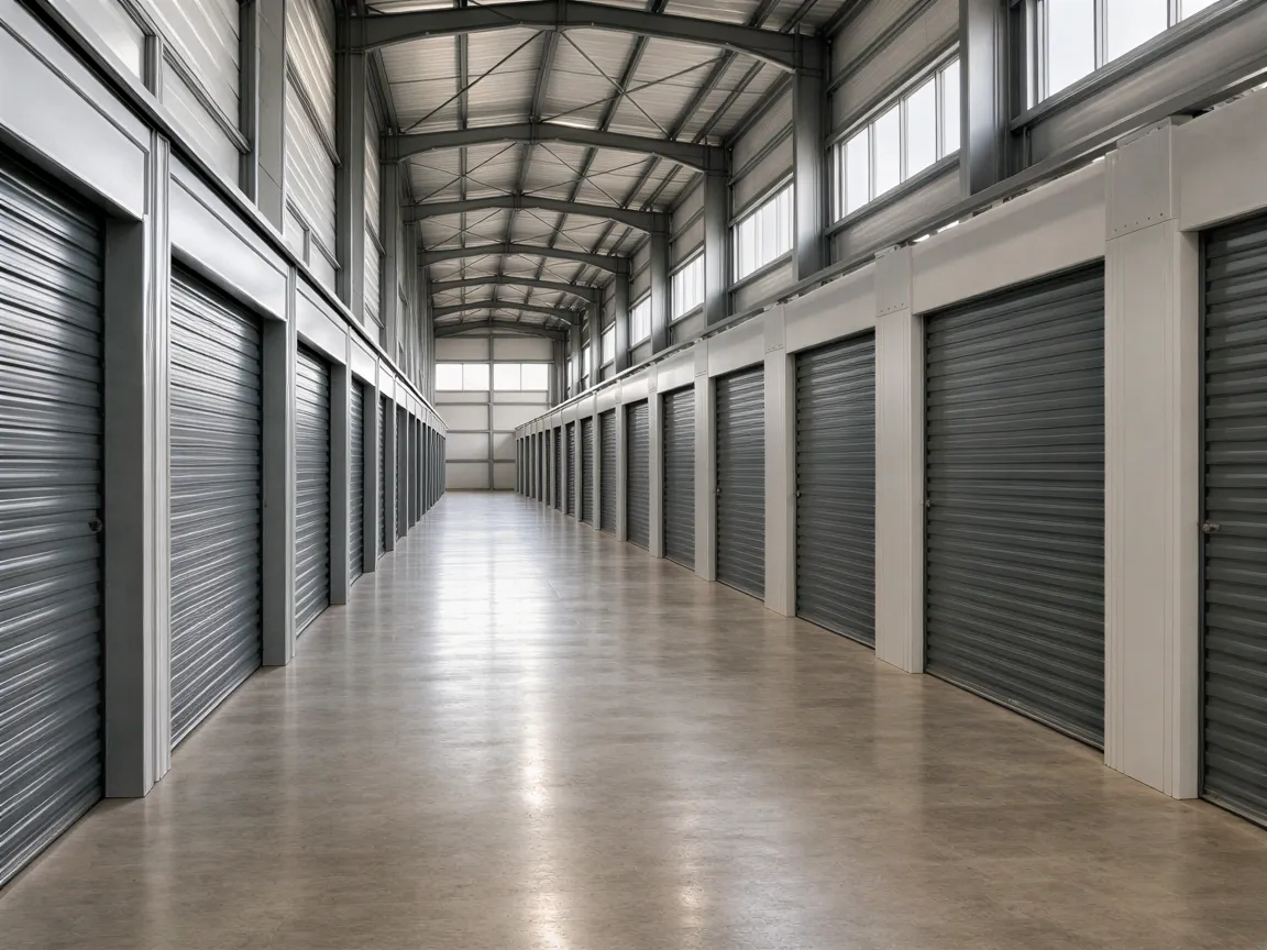 Eine Reihe grauer Rolltore in einer sauberen Lagerhalle mit Betonboden und hohen Decken.