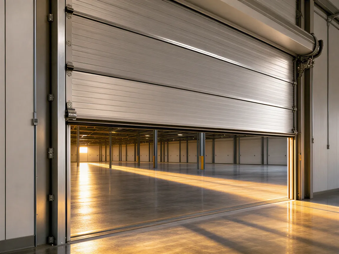 Eine geöffnete Garagentor aus Aluminium in einer Lagerhalle mit langen Schatten auf poliertem Betonboden.