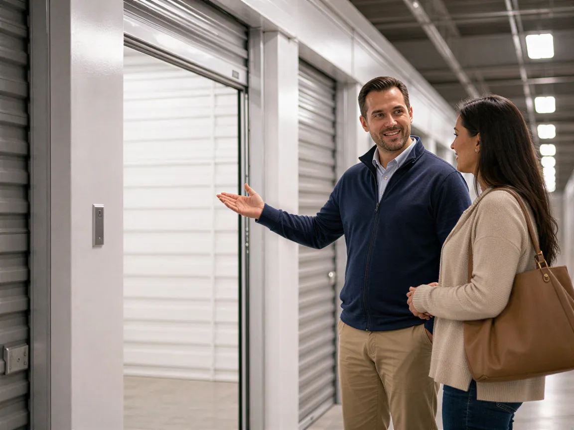 Ein Facility Manager und eine Kundin besprechen die Übergabe einer sauberen, leeren Lagerbox in einer modernen Lagerhalle.