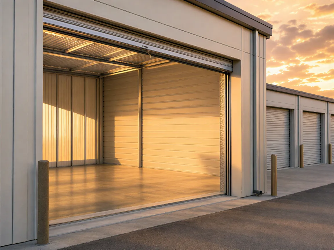 Ein leerer, sauberer Garagenraum mit geöffnetem Rolltor in einem modernen Lagerkomplex bei Sonnenuntergang.