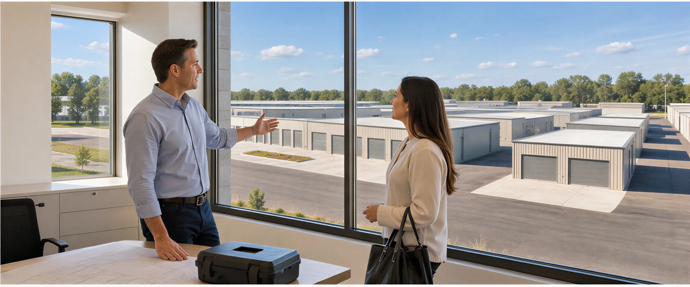 Ein Facility Manager und eine Kundin besprechen Pläne in einem modernen Büro mit Blick auf ein geordnetes Lagerareal.