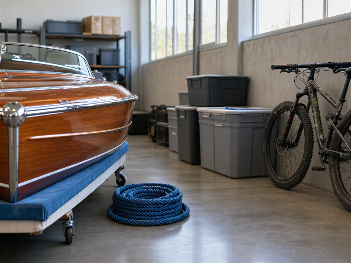 Ein moderner Lagerraum mit einem Holzboot auf einem Gestell, Fahrrad und Plastikboxen bei Tageslicht.