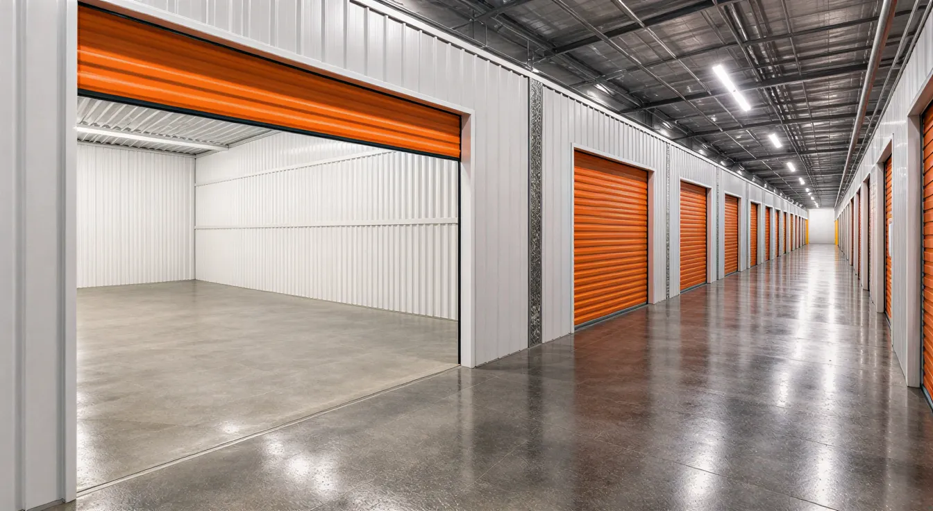 Ein leerer Mietgaragenraum mit orangefarbener Rolltür in einer sauberen, modernen Lagerhalle mit Betonboden.