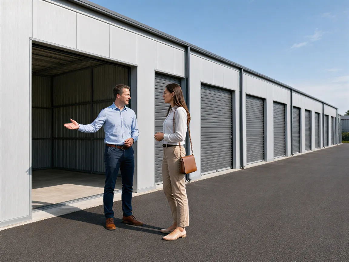 Zwei Geschäftsleute besprechen vor einer geöffneten Lagerbox in einer modernen Lagerhalle.