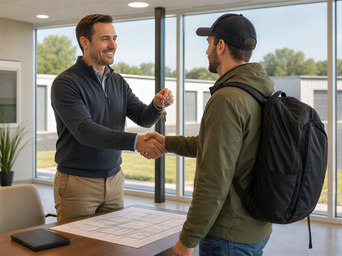 Ein freundlicher Facility Manager übergibt einem zufriedenen Kunden Schlüssel in einem modernen Lagerbüro.