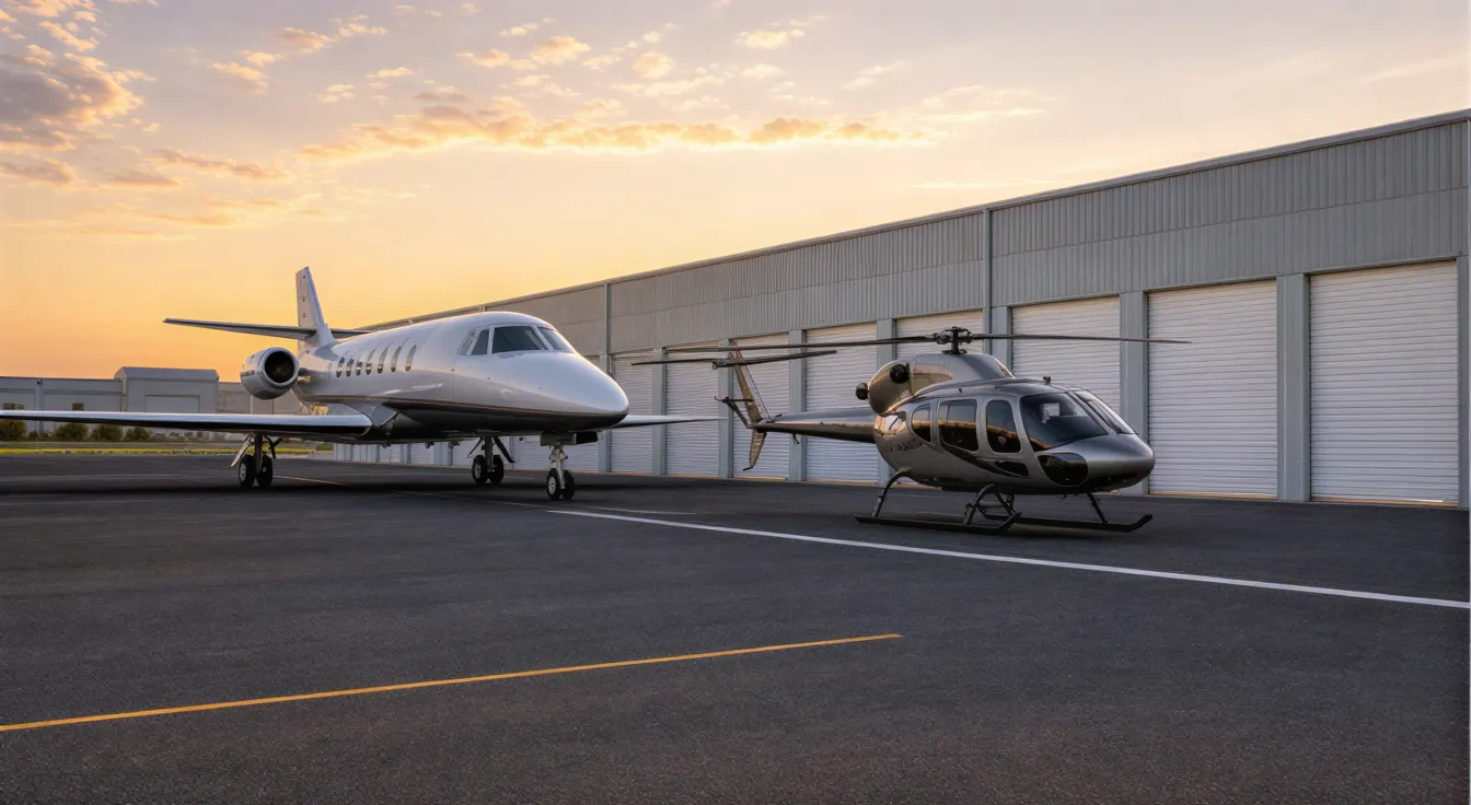 Ein Privatjet und ein Helikopter stehen auf einem asphaltierten Parkplatz vor weißen Garagentoren bei Sonnenuntergang.