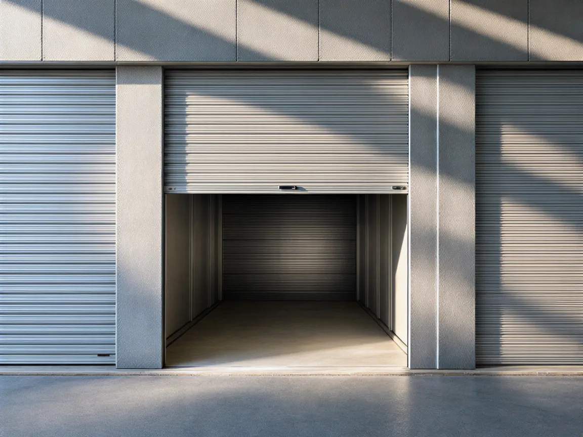 Eine leicht geöffnete Garagentür aus Aluminium gibt den Blick auf einen sauberen Lagerraum mit Betonboden frei.