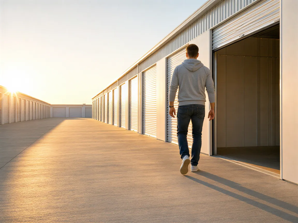 Eine Person geht auf einen geöffneten Lagercontainer in einer modernen Lagerhalle bei Sonnenuntergang zu.