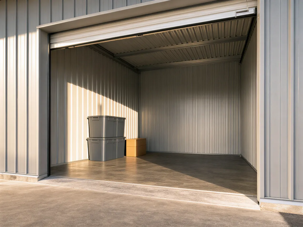 Ein moderner Lagerraum mit geöffneter Metalltür, Betonboden und ordentlich platzierten Kunststoffboxen im Sonnenlicht.