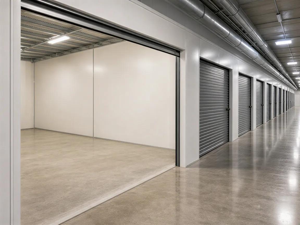 Beleuchteter Innenhof mit verschiedenen Garagentoren in Osmünde.