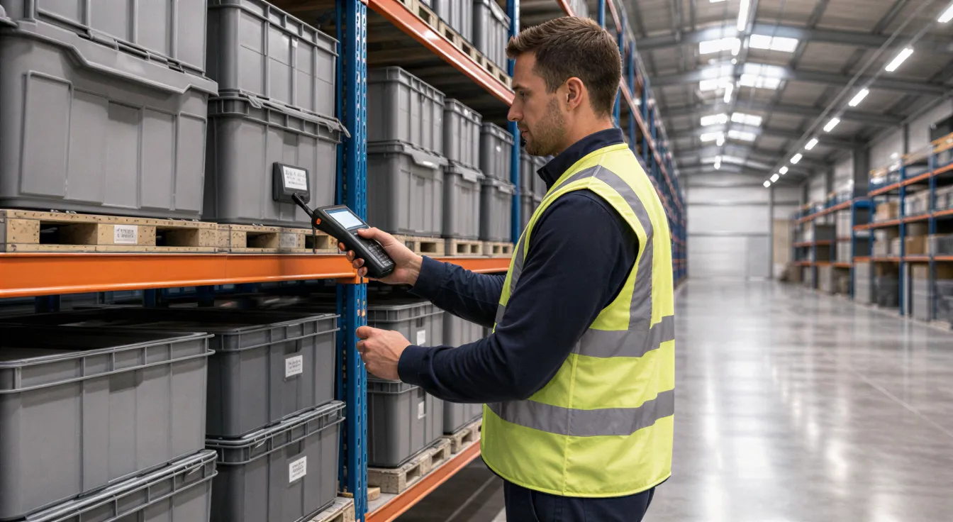Ein Lagerleiter scannt mit einem digitalen Inventargerät einen Barcode auf gestapelten Plastikbehältern in einer Lagerhalle.