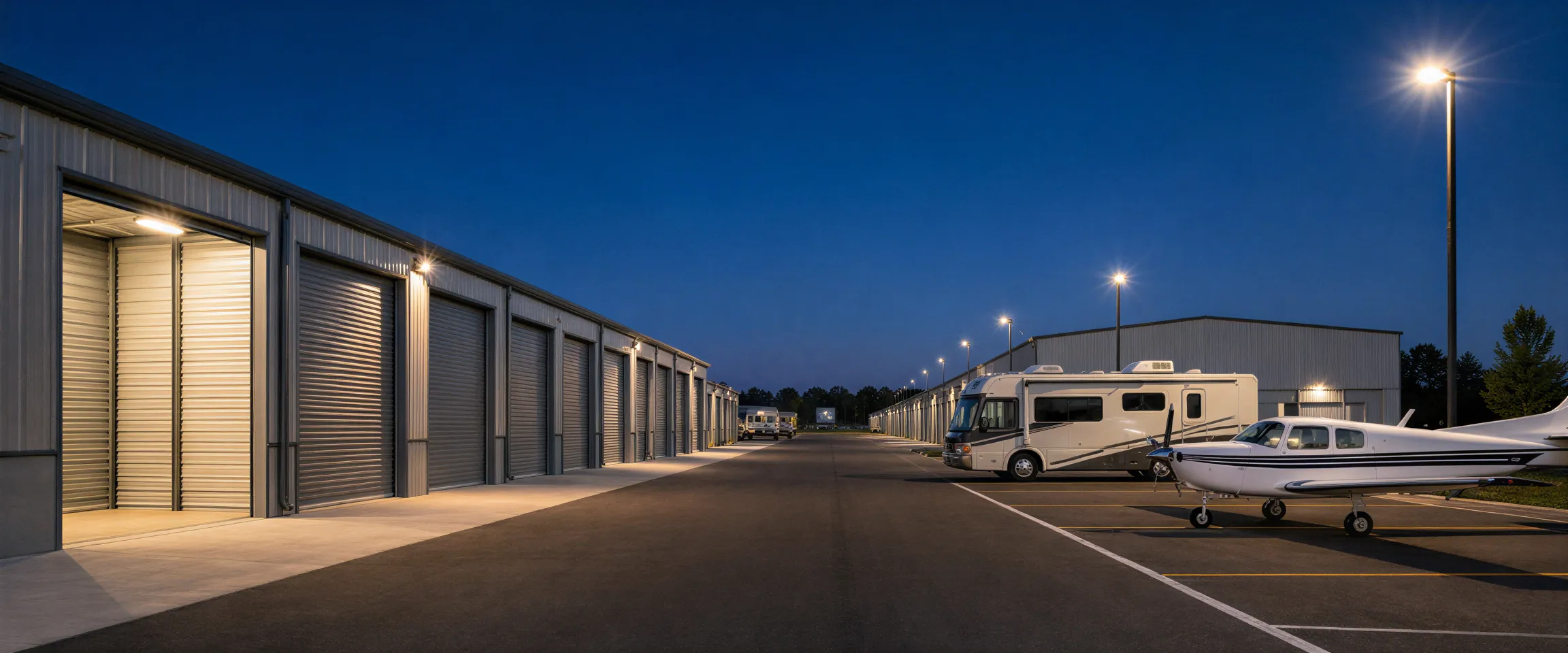Ein modernes Lagergebäude bei Dämmerung mit beleuchteten Boxen, einem Wohnmobil und einem Flugzeug auf dem Parkplatz.