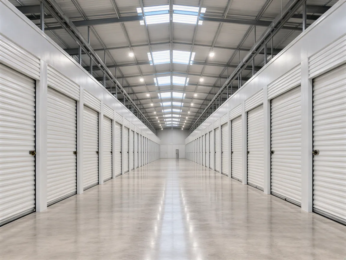 Ein langer, leerer Betongang zwischen Reihen hoher weißer Rolltore in einem modernen Lagerhalleninnenraum.