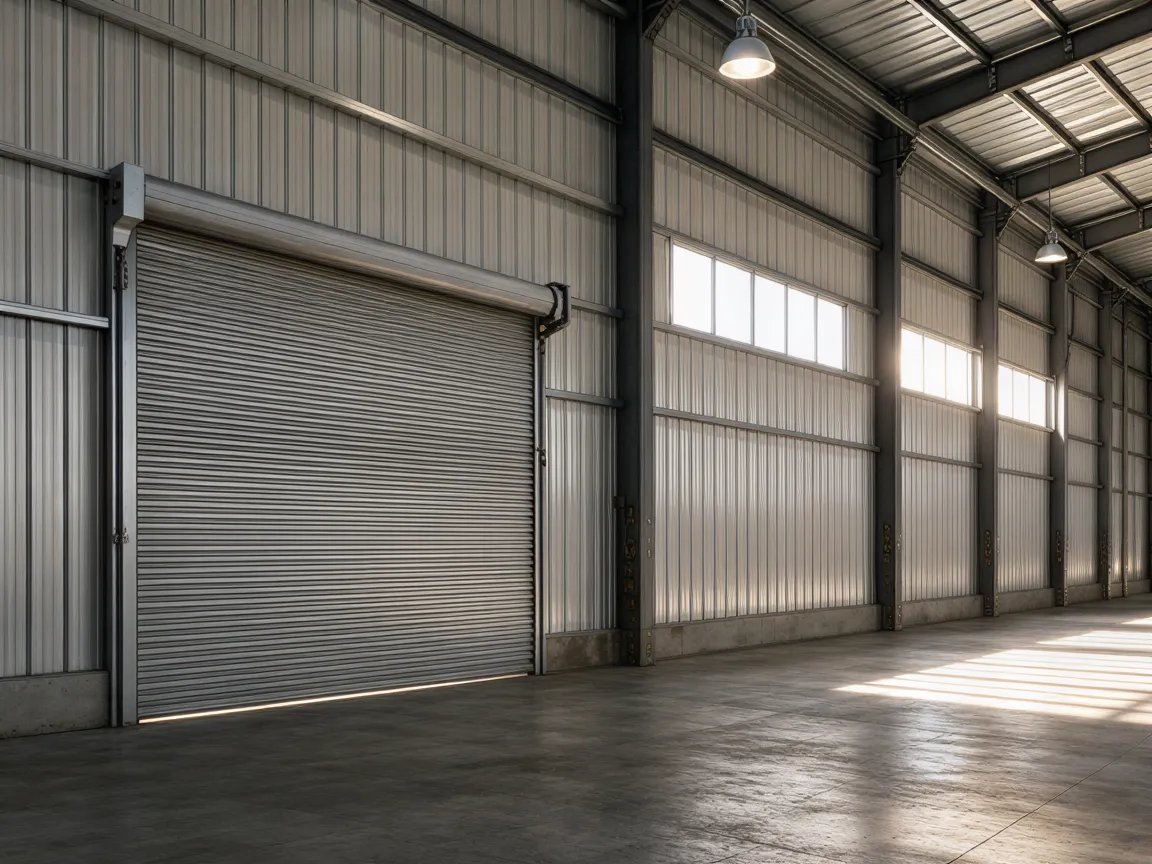 Eine leere Industriehalle mit einer großen Rolltorwand und langen Schatten durch Tageslicht.