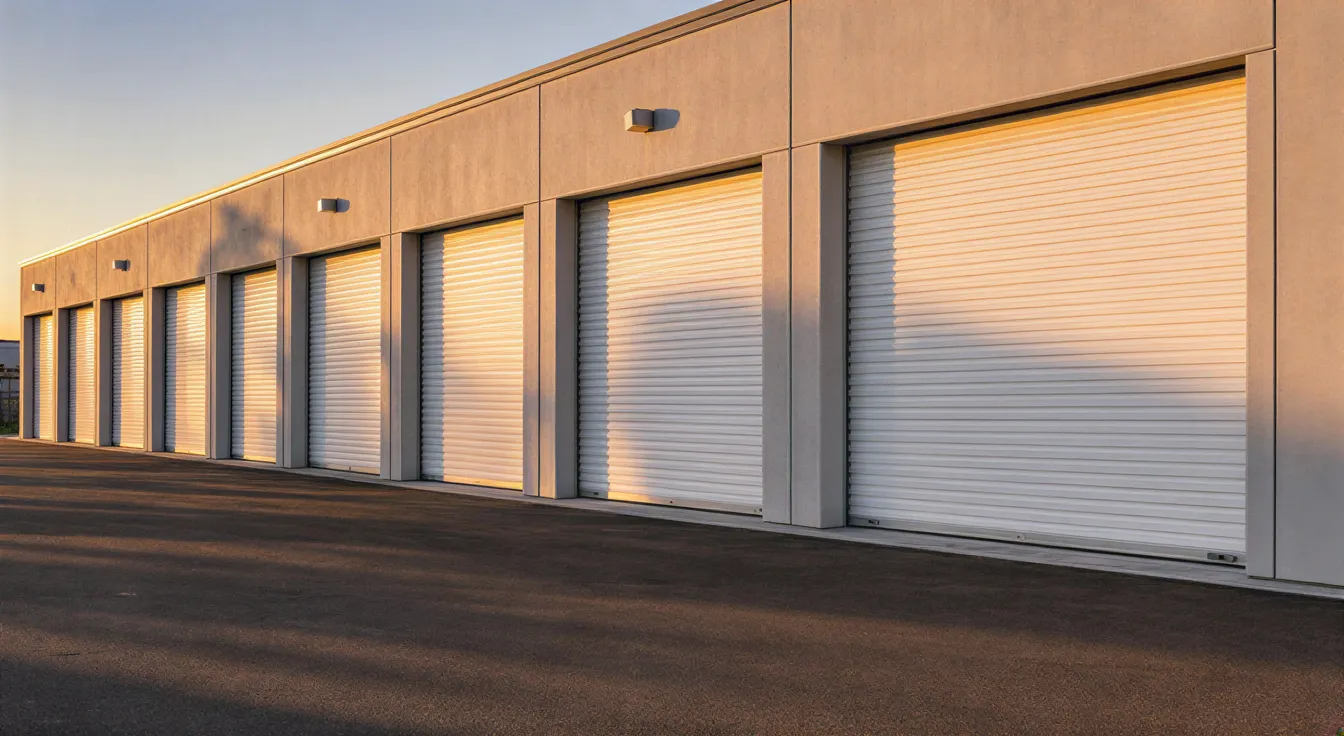 Eine Reihe großer weißer Rolltore in einer modernen Industriehalle bei Sonnenuntergang.