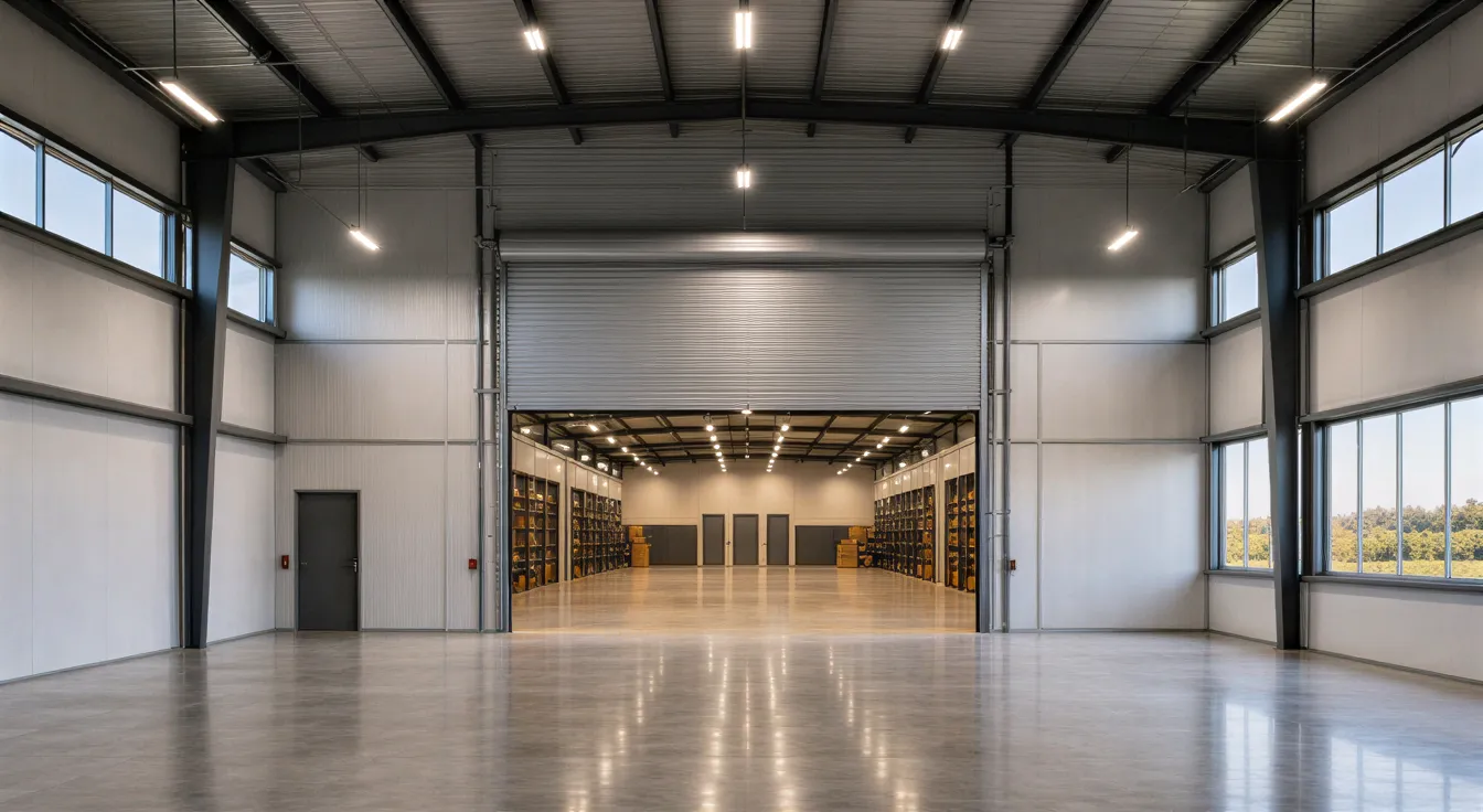 Ein leerer, moderner Industrielagerraum mit hohen Decken, Stahlträgern und großen Fenstern.