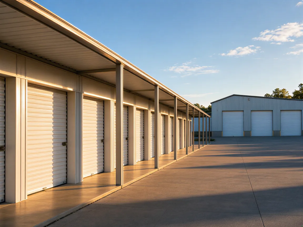 Eine moderne Lagerhalle mit sauberen Garagentoren in warmem Abendlicht, geordnete Reihen und lange Schatten.