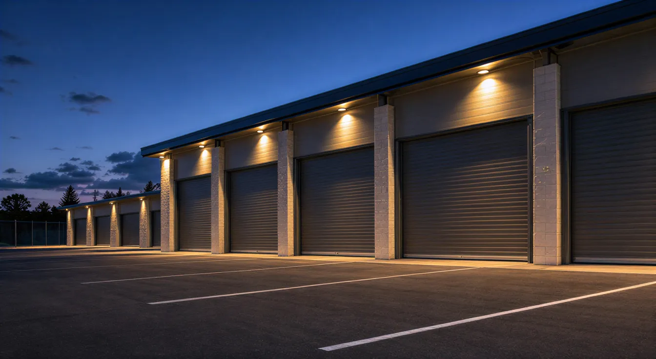 Moderne Lagerhallen mit großen Rolltoren bei Dämmerung, beleuchtet von warmen Lampen über leerem Parkplatz.
