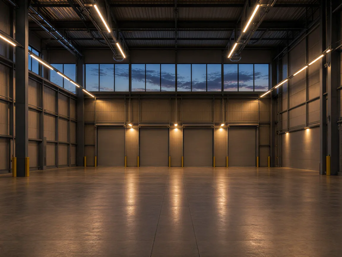 Ein leerer, moderner Industriehallenraum bei Dämmerung mit sauberem Betonboden und großen Rolltoren.