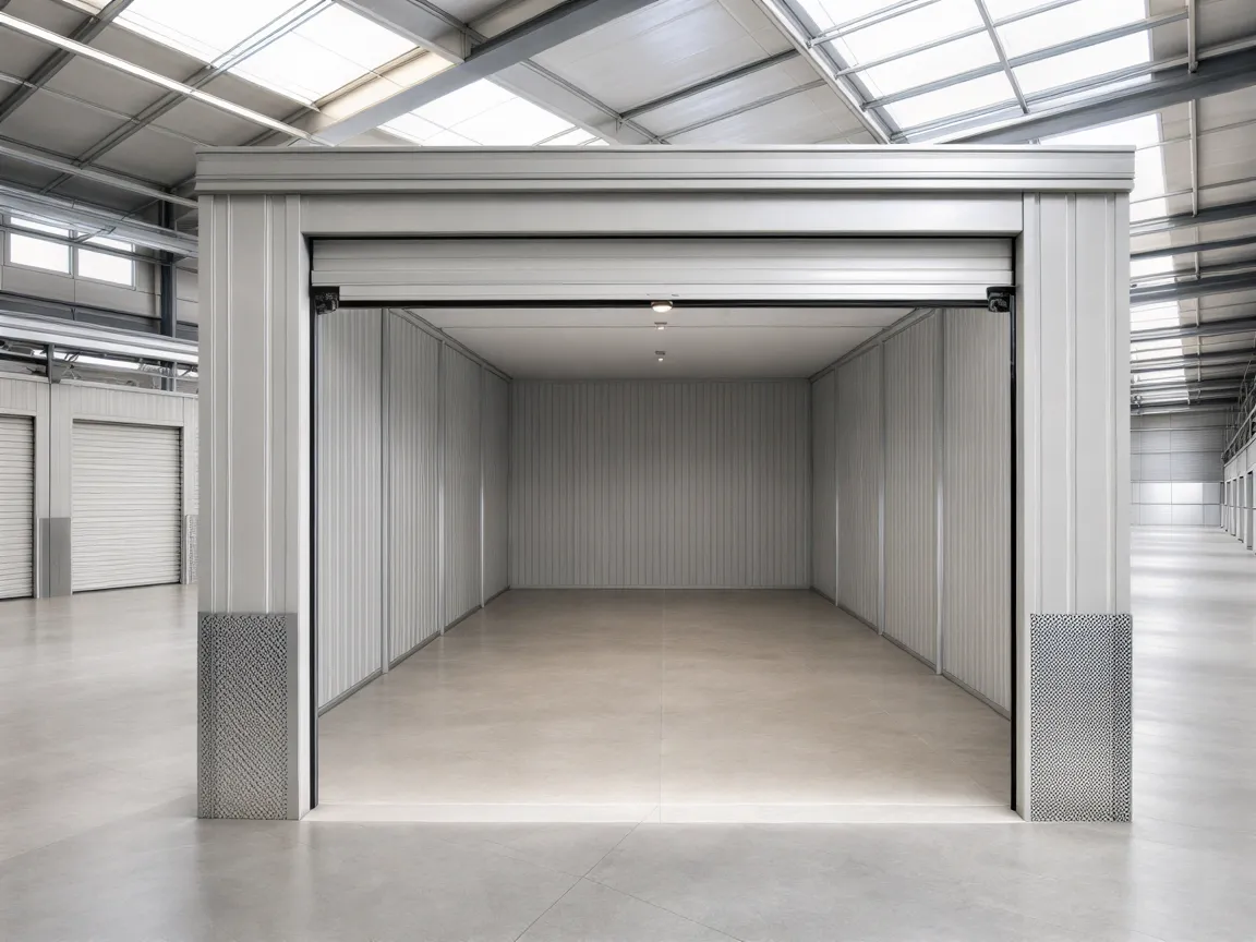 Eine leere Lagerhalle mit sauberem Betonboden, hohen Decken und Tageslicht durch Oberlichter.
