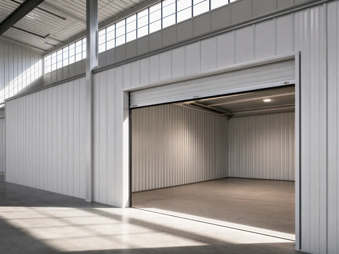 Ein leerer, sonnendurchfluteter Industriehallenraum mit einer modernen, silbernen Garagentor-Einheit.