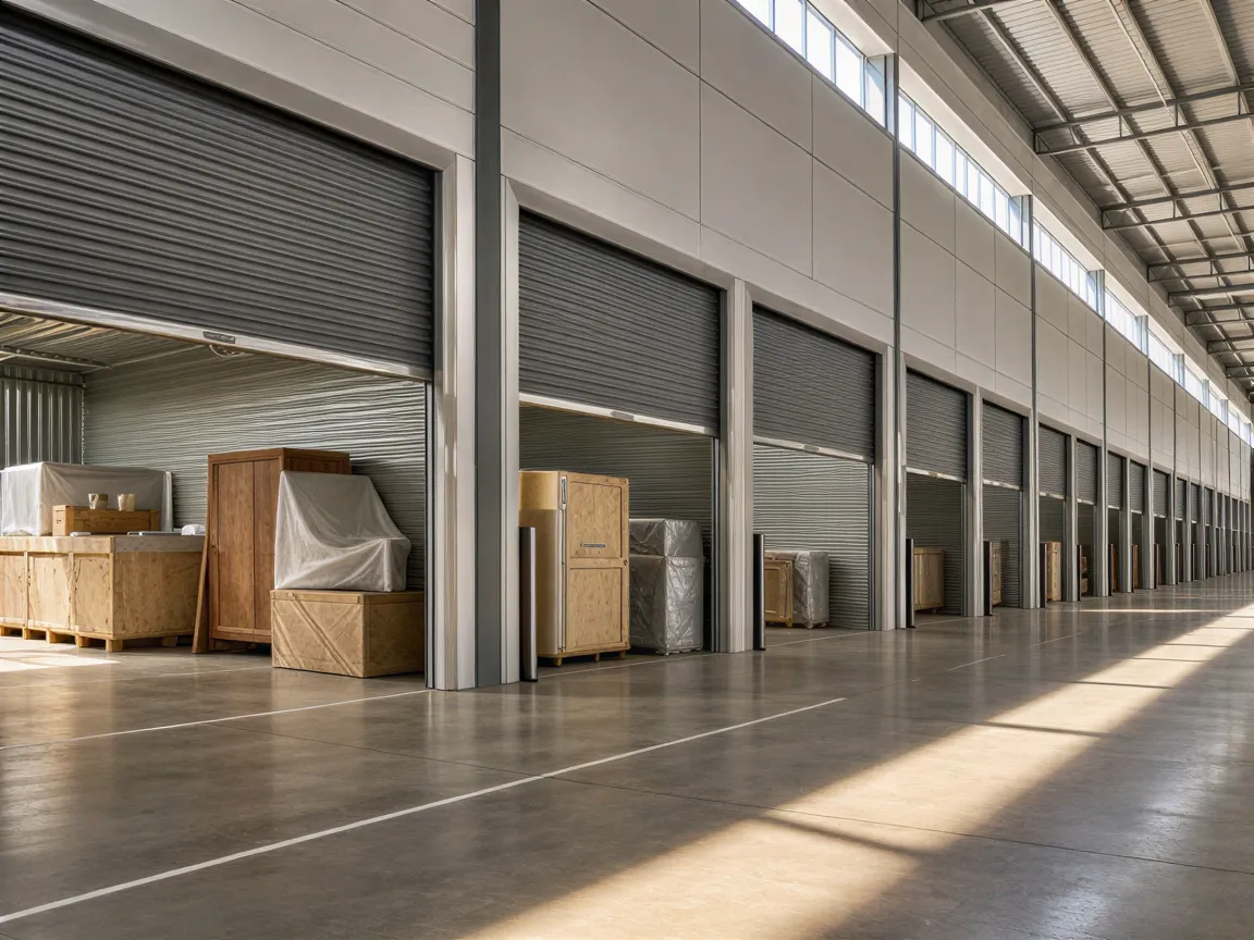 Eine Reihe identischer Metallrolltore in einem sauberen, modernen Lagerhallen-Innenraum mit Betonboden und Tageslicht.