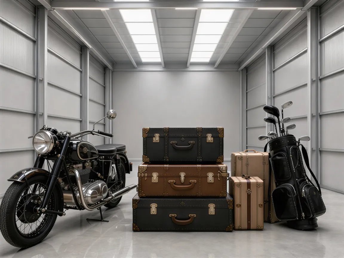 Eine moderne Lagerhalle mit poliertem Betonboden, in der ein Vintage-Motorrad, Designerkoffer und Golfschläger ordentlich