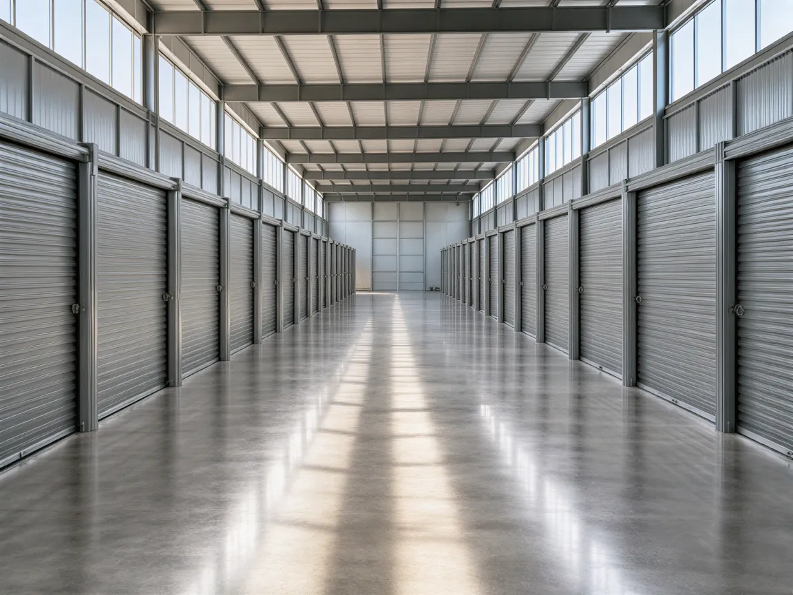 Ein großer, leerer Gang zwischen Reihen grauer Metalllagerboxen in einer sauberen Industriehalle.