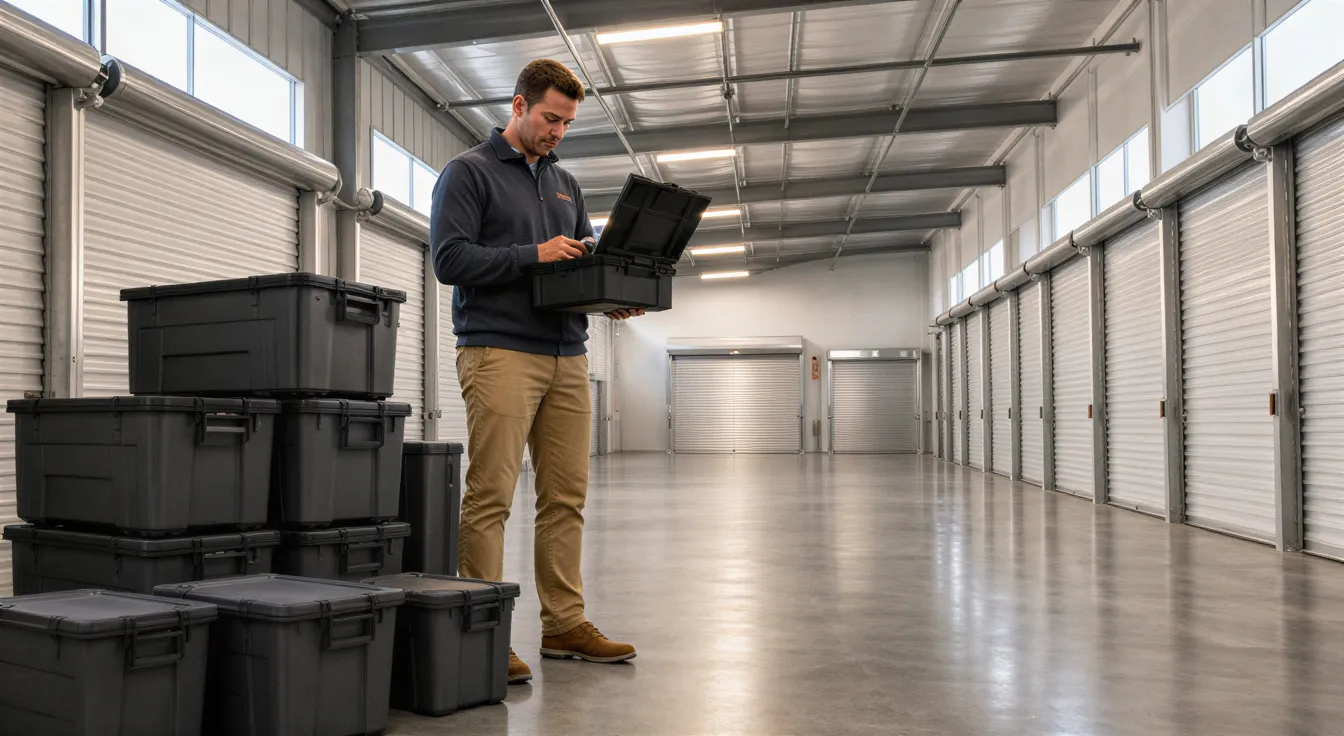 Eine Person in Geschäftskleidung prüft einen Werkzeugkoffer neben gestapelten Plastikboxen in einer hellen Lagerhalle.