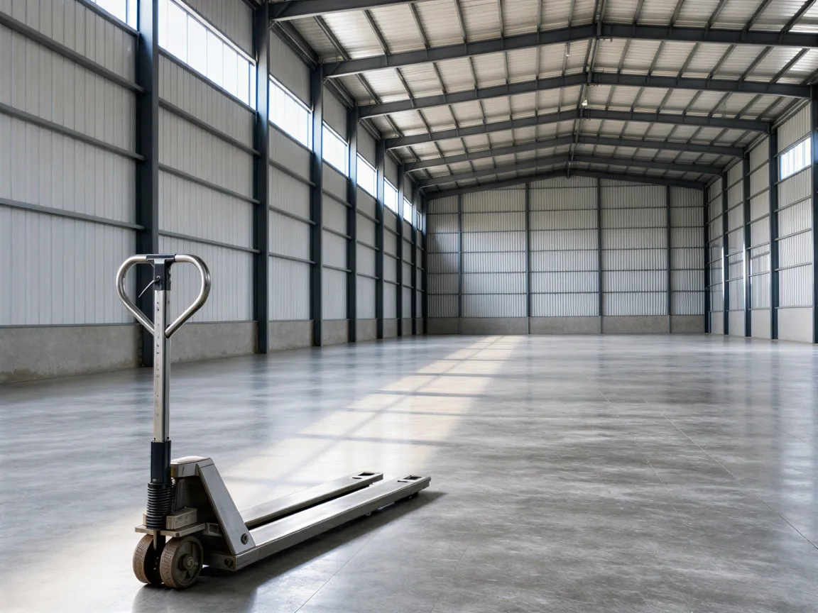 Ein großer, leerer Industriehalle mit hoher Decke, Metallträgern und einem Gabelstapler auf glattem Betonboden.