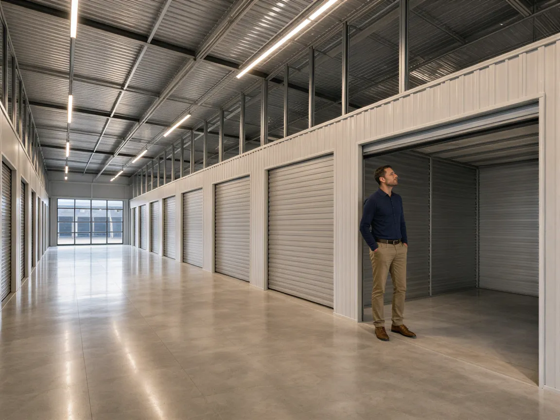 Ein Lagerhallenmanager inspiziert saubere, graue Stahlregale in einer hellen, modernen Lagerhalle.