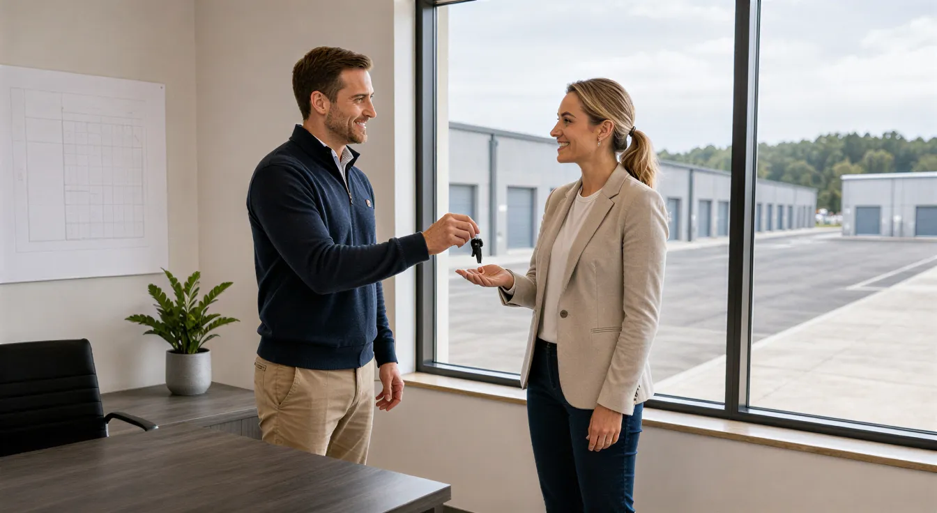 Ein Mann und eine Frau in einem modernen Büro schütteln sich die Hände, während der Kunde einen Schlüsselbund hält.
