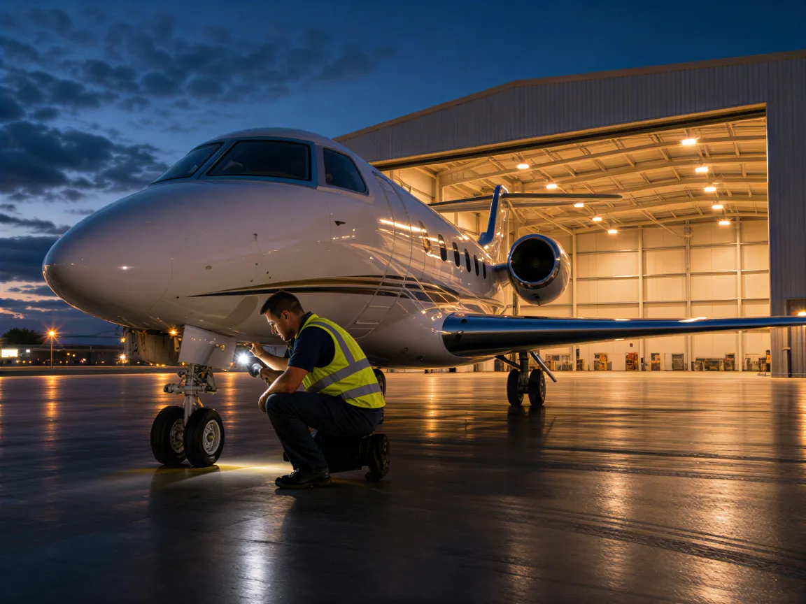 Ein Flughafenmitarbeiter in Warnweste prüft mit Taschenlampe das Fahrwerk eines Privatjets bei Dämmerung.