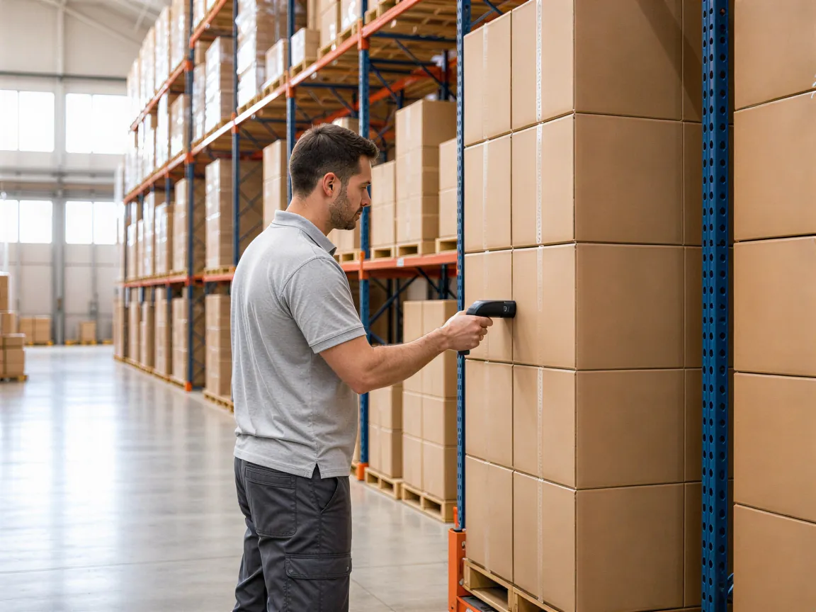 Ein Logistikmitarbeiter scannt einen Stapel neutraler Lagerboxen in einer sauberen Industriehalle.