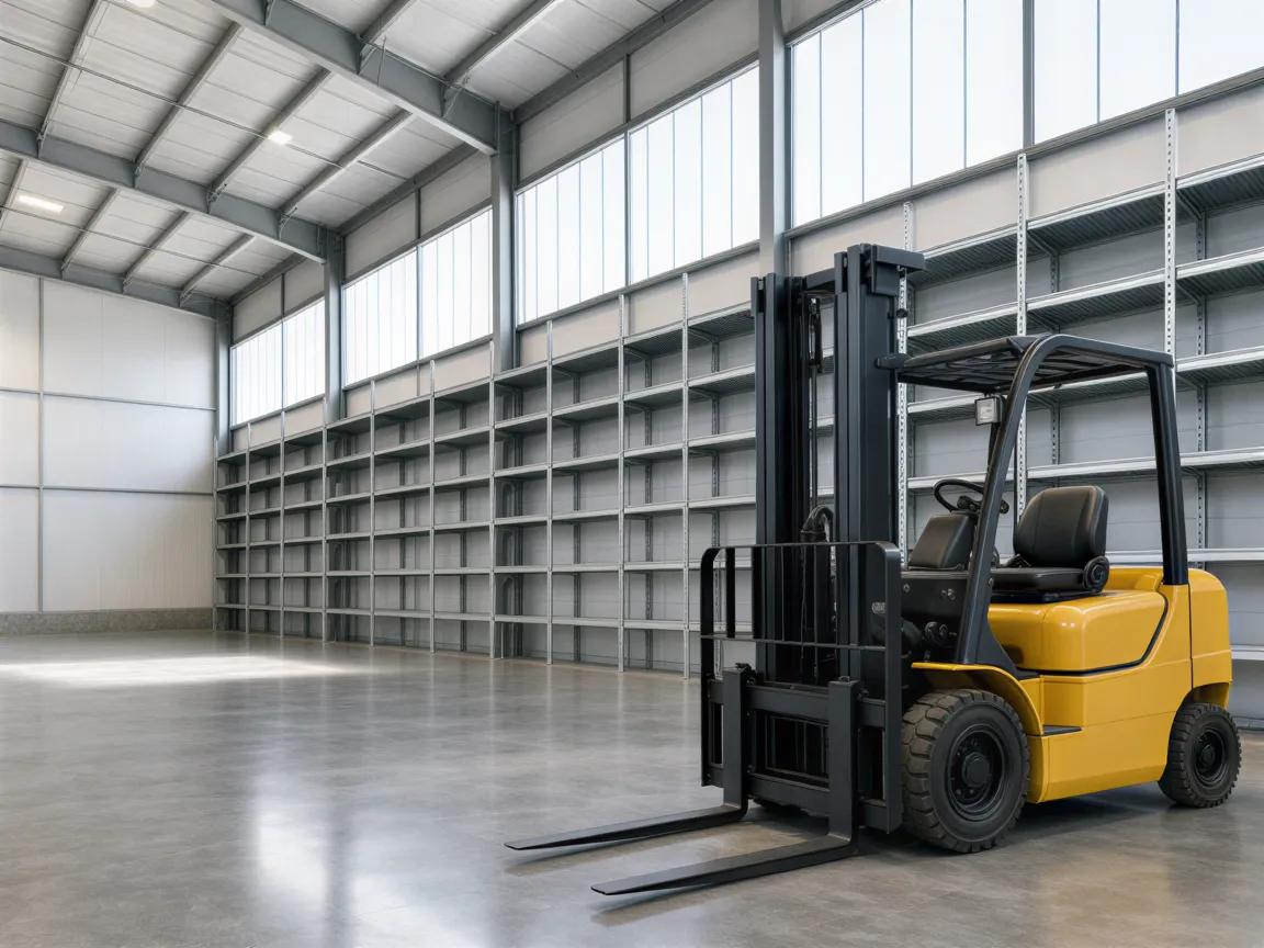 Ein gelber Gabelstapler steht in einer leeren, modernen Industriehalle mit Betonboden und Regalen.