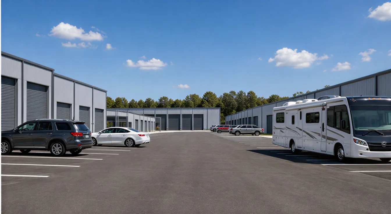 Ein modernes Lagerhaus mit sauberen Einheiten und Garagen, geparkte Fahrzeuge auf einem asphaltierten Weg.