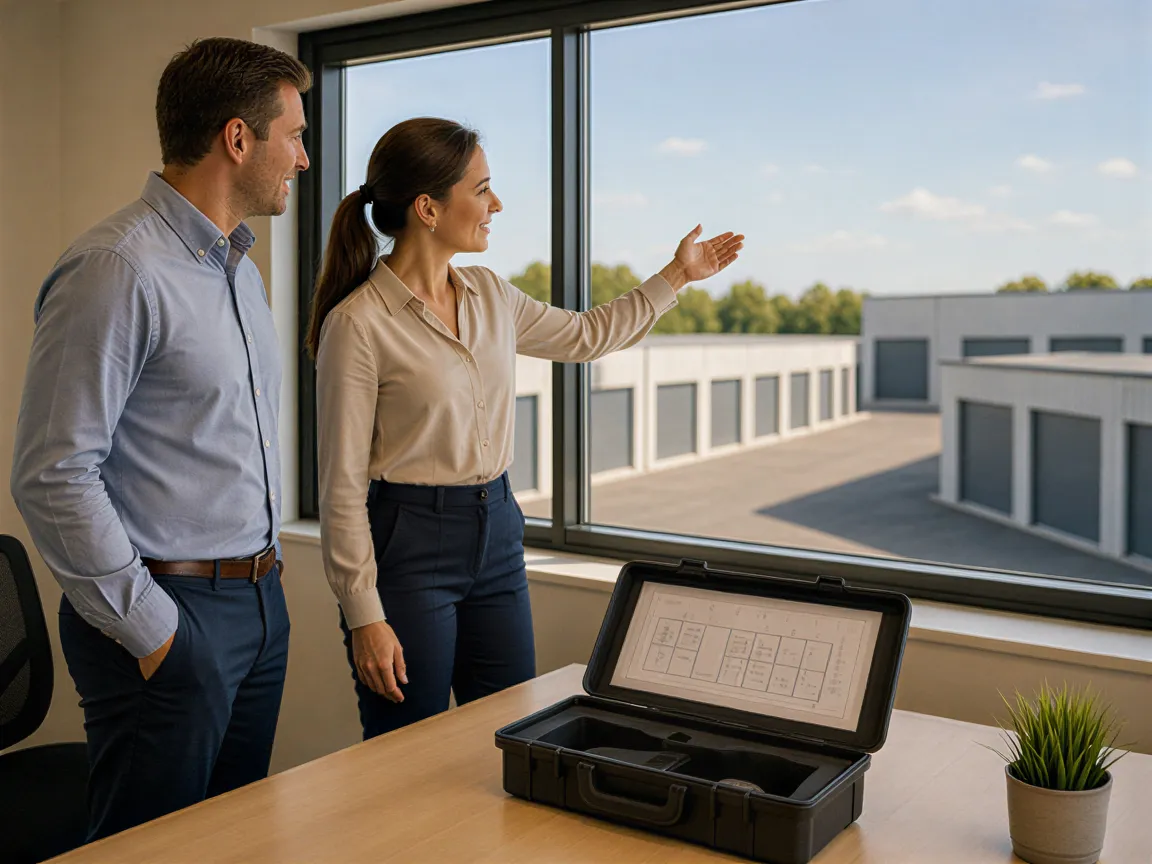 Zwei Geschäftsleute besprechen ein Projekt in einem Büro mit Blick auf eine Lagerhalle.