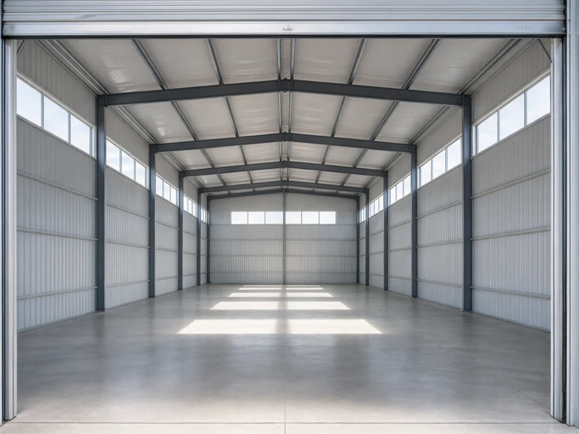Ein leerer, moderner Lagerhallenraum mit grauem Betonboden, weißen Wänden und natürlichem Tageslicht.