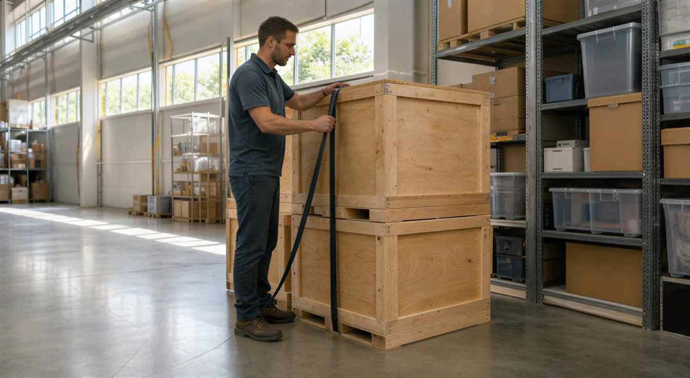 Eine Person in Arbeitskleidung sichert einen Stapel Holzkisten mit einem Gurt in einer hellen, modernen Lagerhalle.