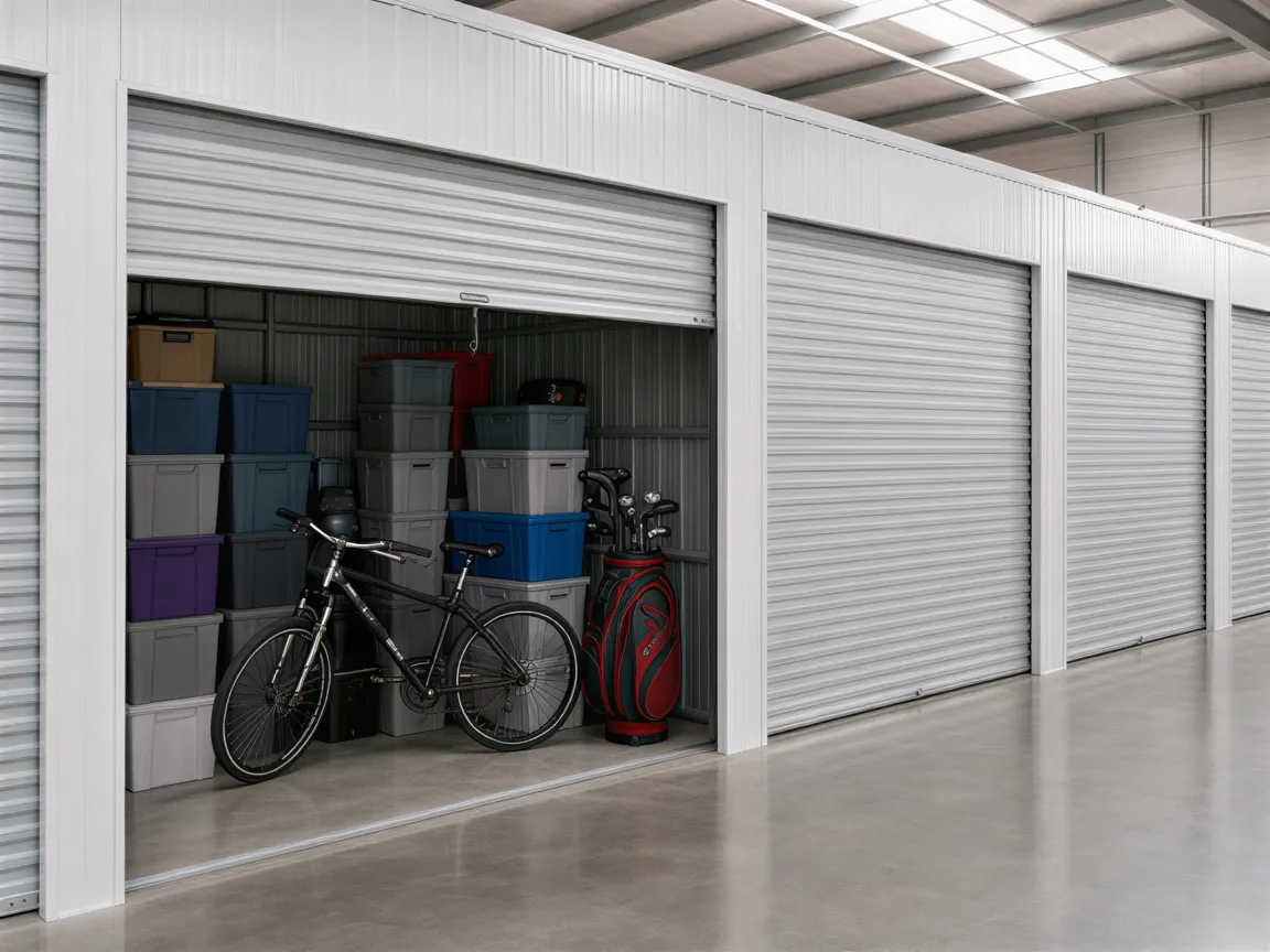 Ein sauberer Lagerhallenraum mit geöffneter Rolltür, in der Fahrrad, Golfschläger und Boxen ordentlich verstaut sind.