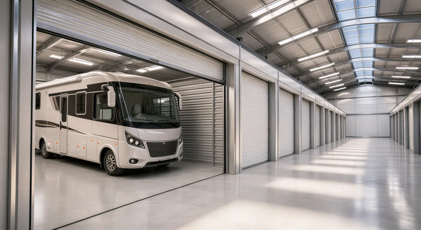 Ein hochwertiges Freizeitfahrzeug steht sauber in einer hellen, modernen Industriehalle mit Betonboden.
