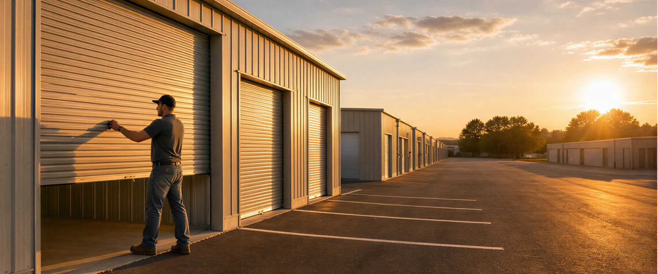 Eine Person schließt ein Rolltor einer modernen Lagerhalle auf einem gepflasterten Hof bei Sonnenuntergang.