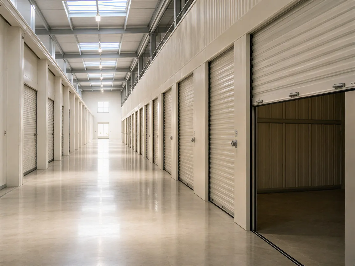 Ein sauberer Industrielagerraum mit einer Reihe neutraler Garagentore, eines leicht geöffnet