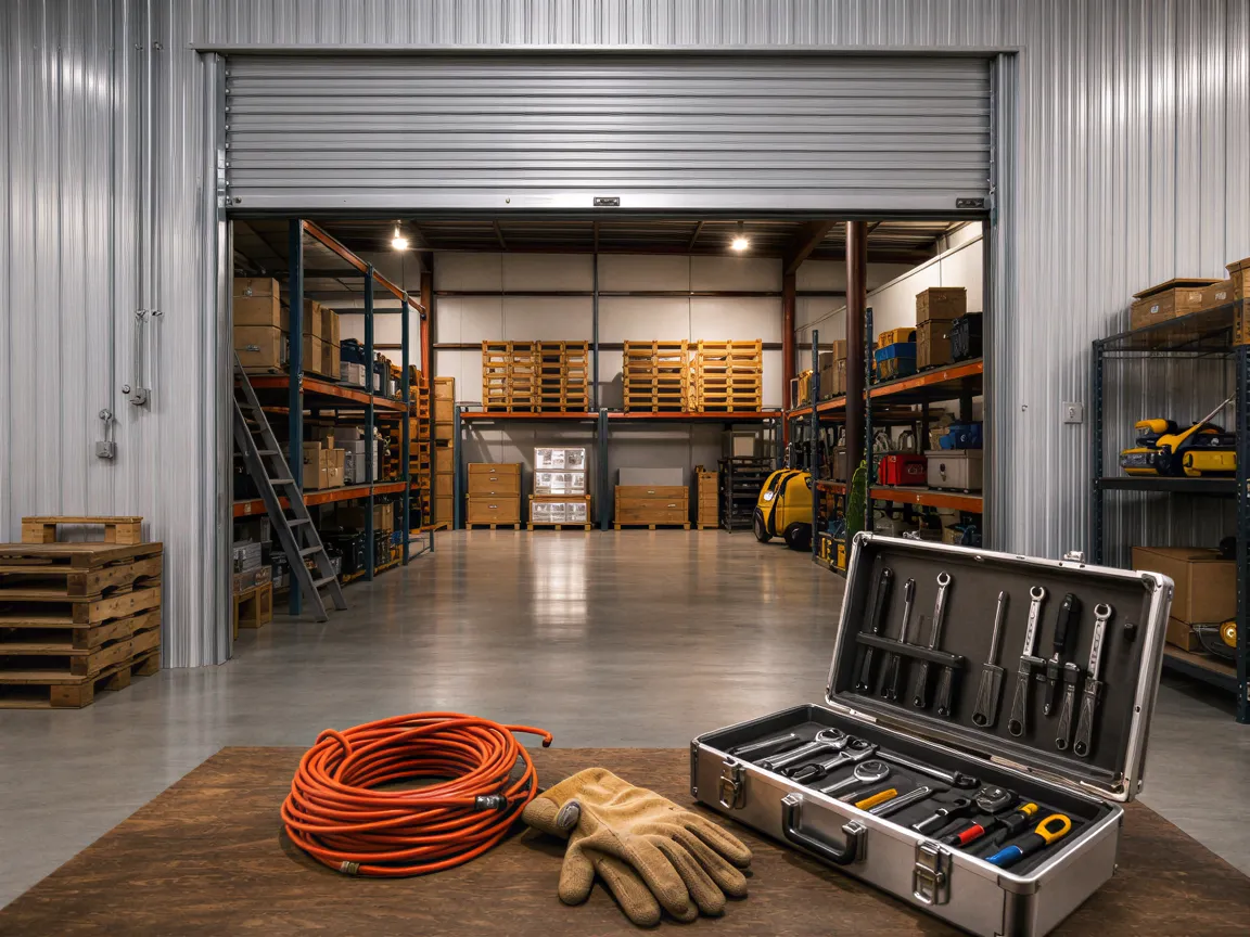 Ein modernes Lagerhaus mit geöffnetem Rolltor, sauberen Metallwänden, Holzpaletten und einem Werkzeugtisch im Vordergrund.