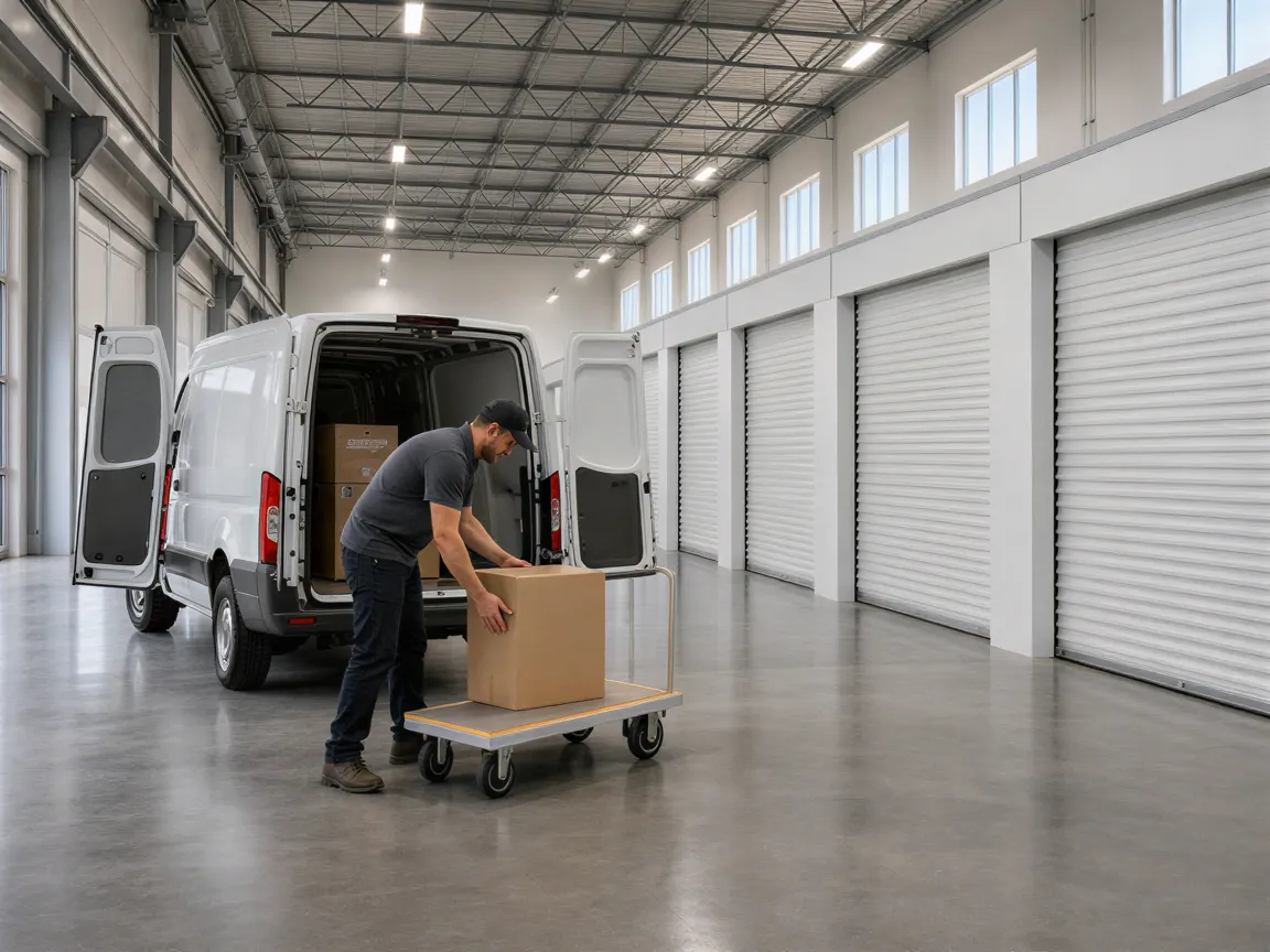 Eine Person lädt eine Kiste in einen weißen Lieferwagen in einer sauberen Lagerhalle mit Metallboxen.